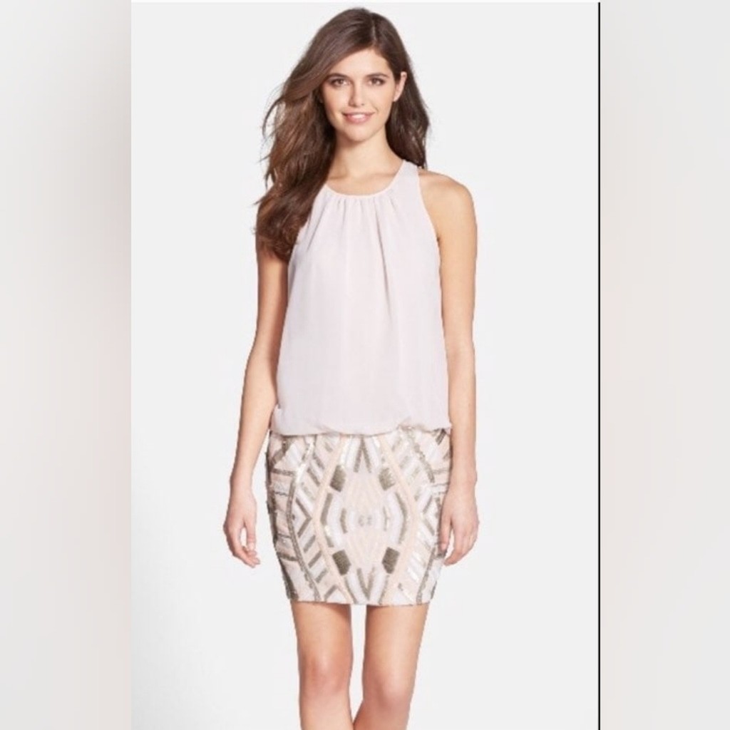 NWT Aiden Mattox Elegant Formal Cream Beaded & Sequin Patterned Mini Dress