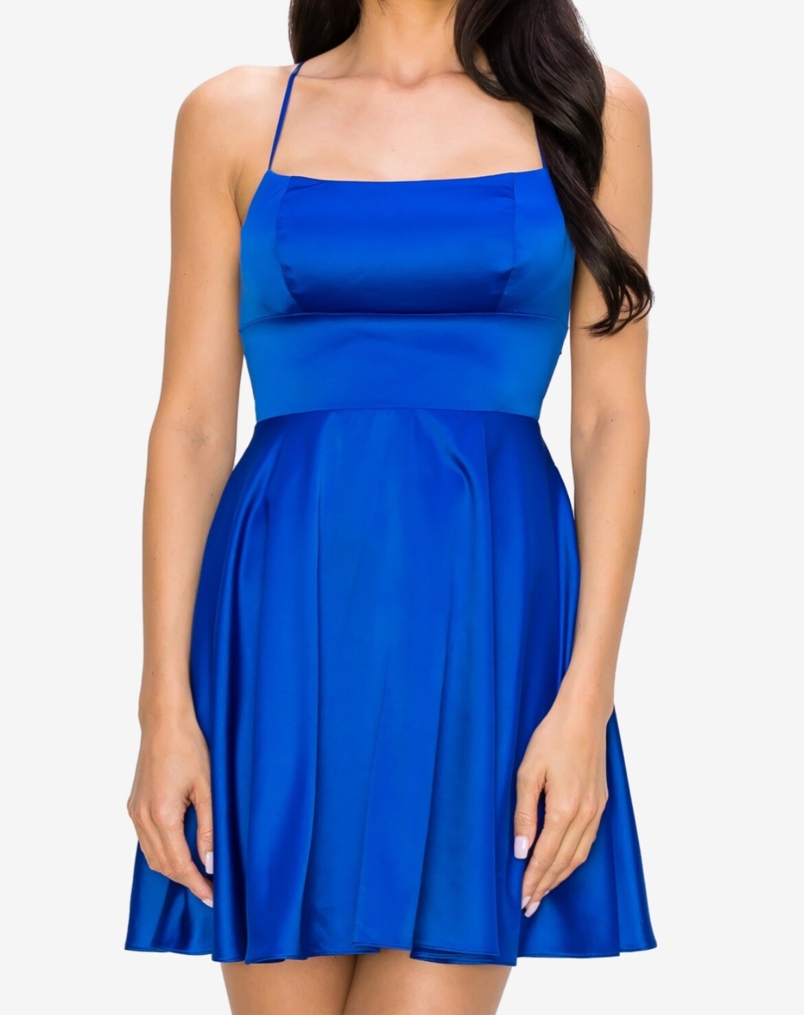 B. DARLIN Juniors Womens Lace-up Mini Fit & Flare Dress, Royal Blue, Size 11/12