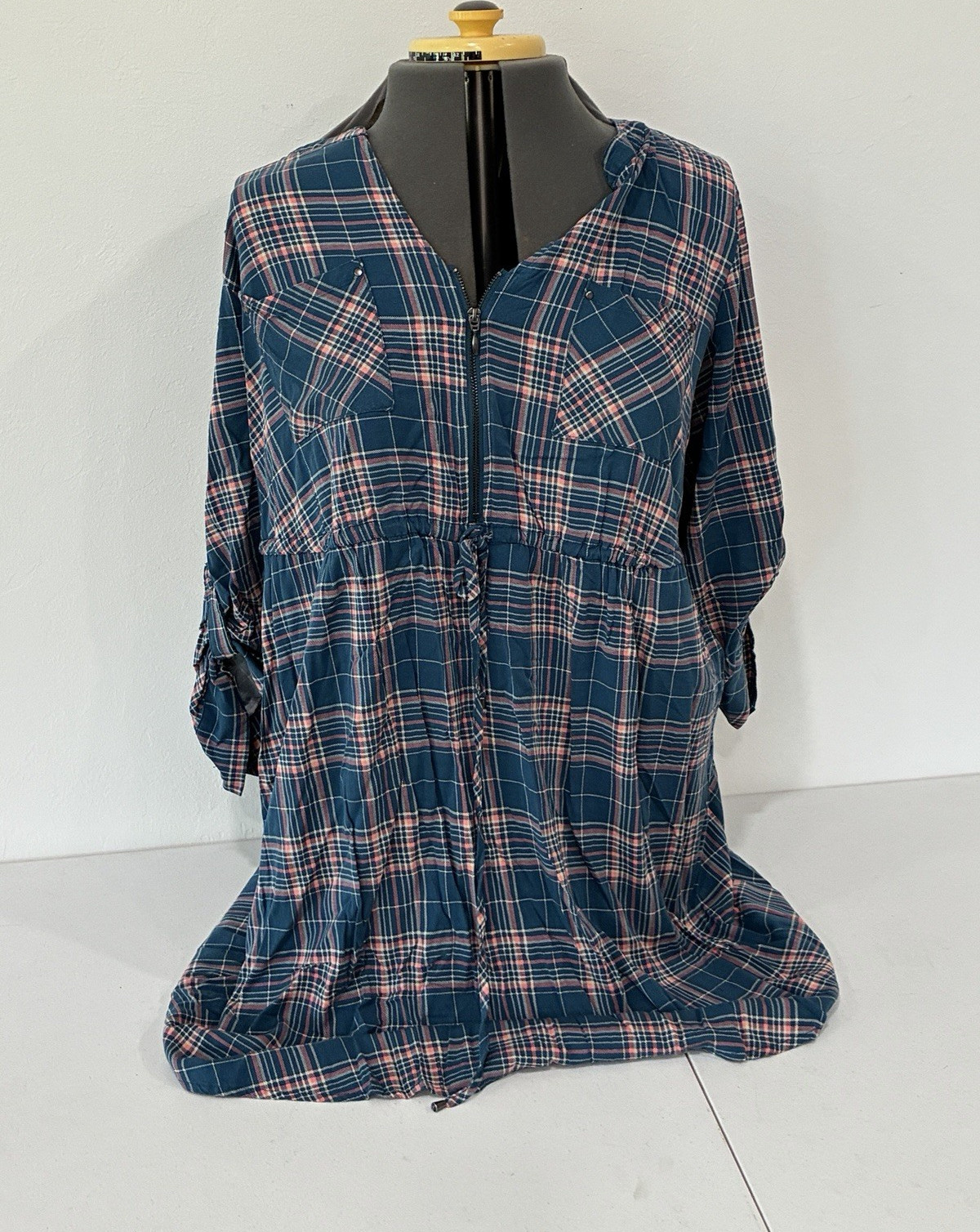 Torrid Dress Size 2 2X Teal Pink Plaid Zip Front Roll-Tab High-Low Shirt Dress