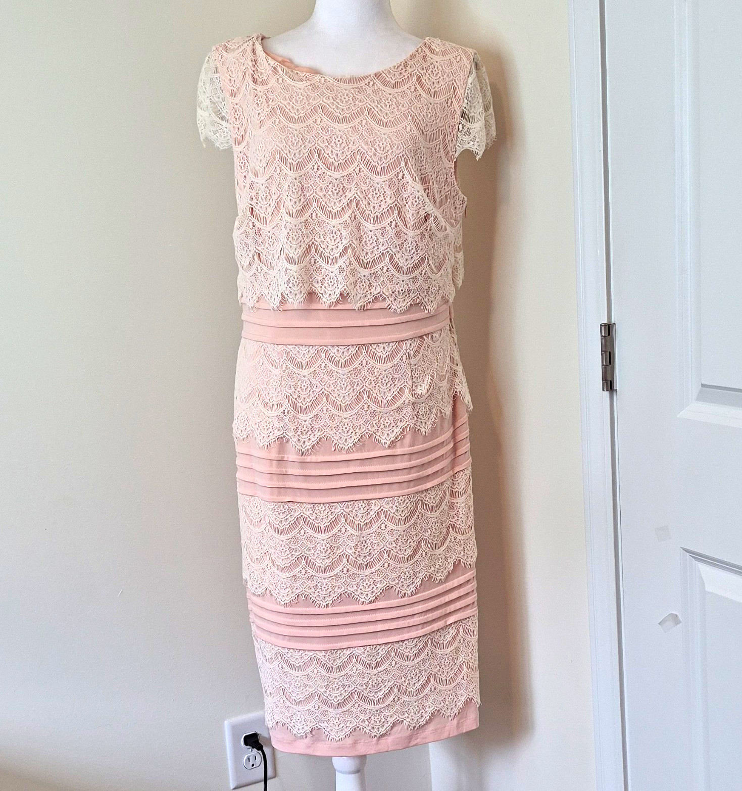 Sangria Women’s Sheath Dress 16 Pink Lace Boat Neck Short Sleeve Zip Lined