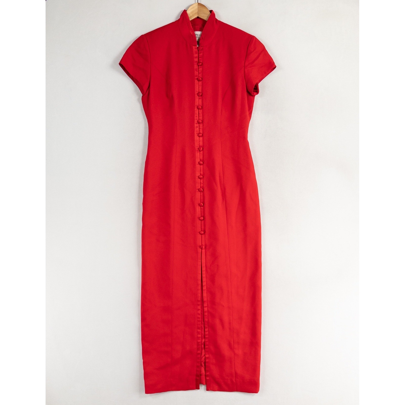 Evan Picone Maxi Dress Sz 4 Red Fitted Column Mandarin Collar 90s Y2K Vintage