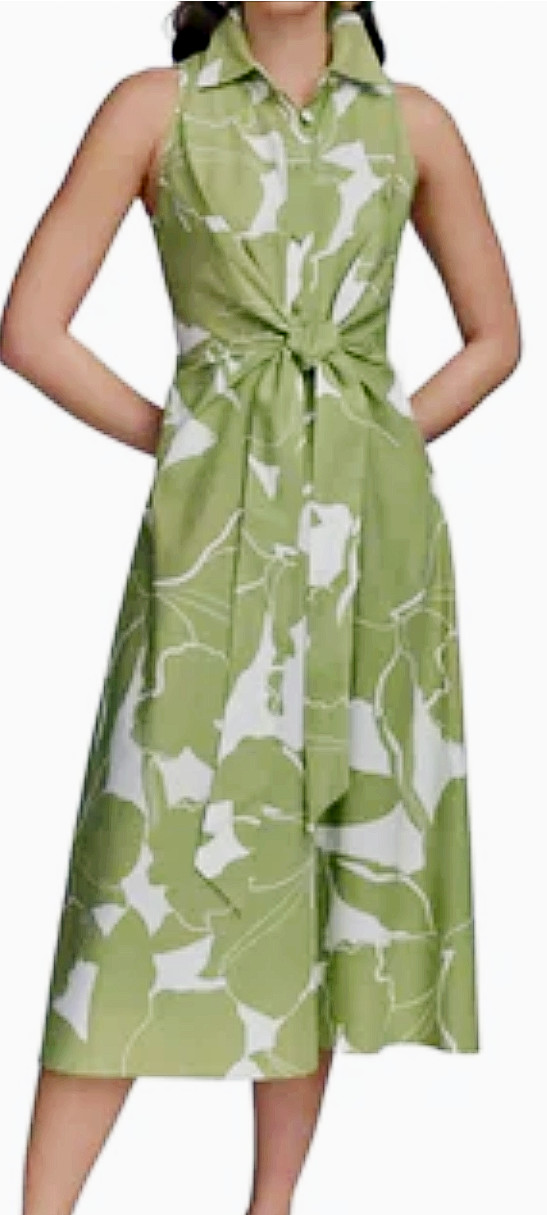 NWT Donna Karan New York Printed Linen-Blend Shirt Dress, Kiwi Cream, 10, $199
