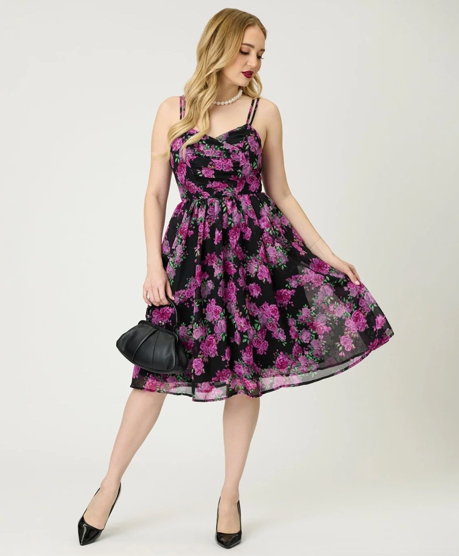 UNIQUE VINTAGE BLACK & PURPLE FLORAL REED SWING DRESS – NEW – REG AND PLUS SIZES