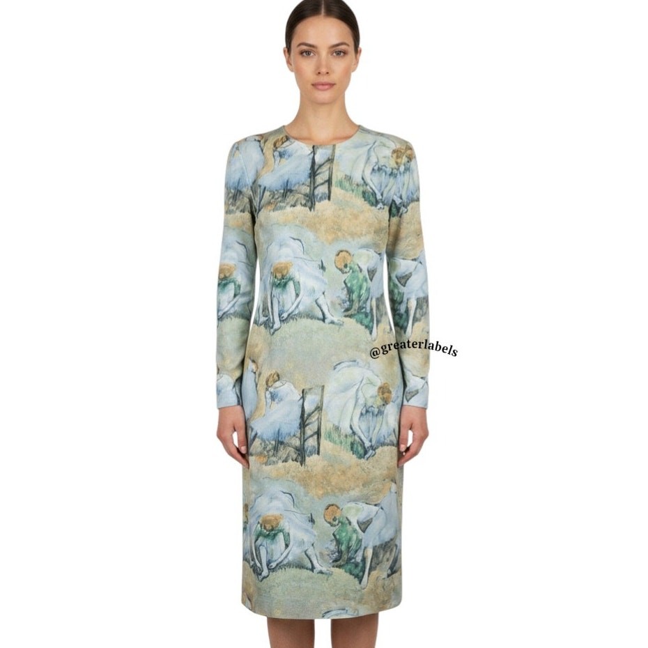 Goldworm Vintage ’60s Edgar Degas Print Stretch Knit Dress & Silk Scarf Size 10