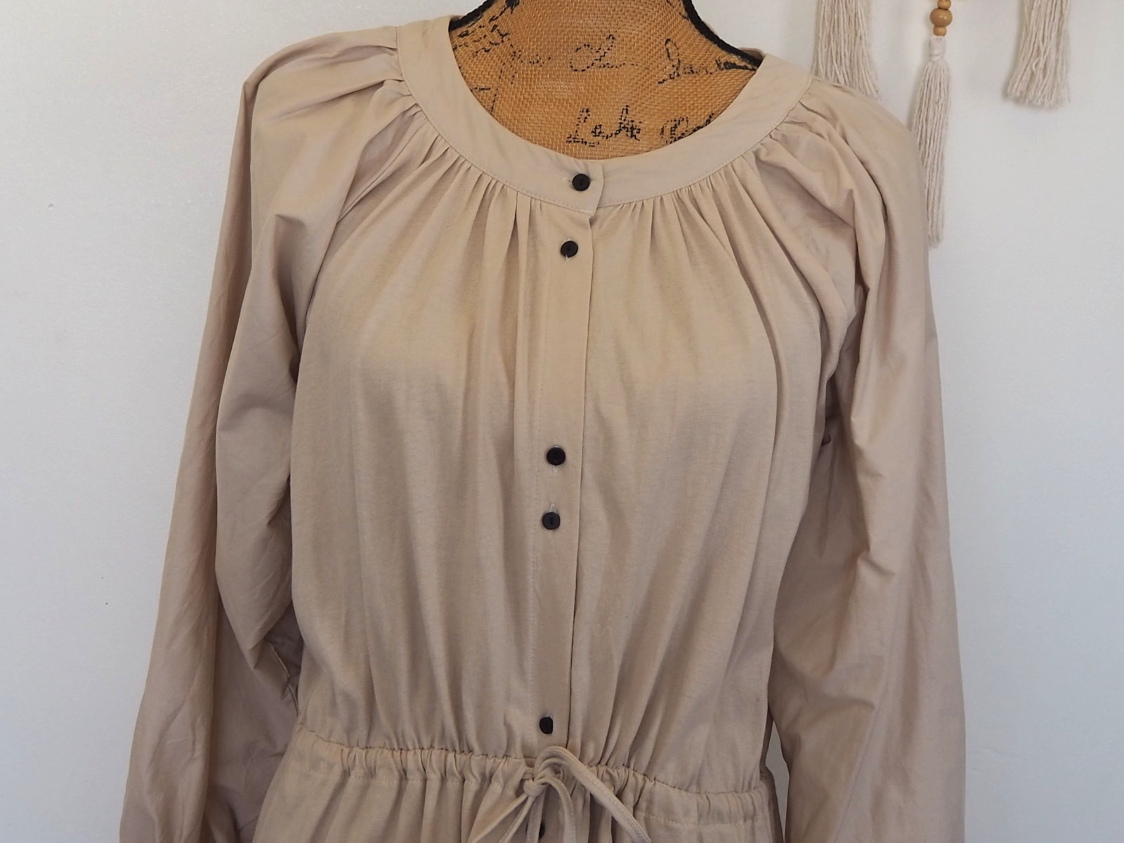 Zara Long Sleeve Button Front Beige Knee Length Drawstring Tie Waist Dress Sz M