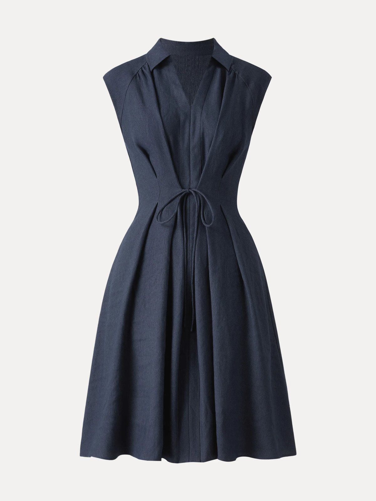 OGL Viscose Linen Collared V Neck Midi Dress Drawstring Waist Summer