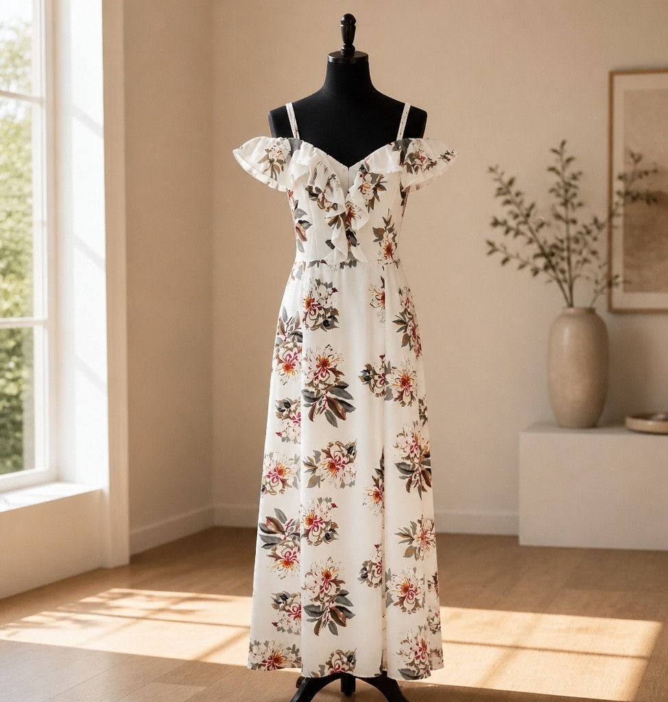 Love Culture Womens Long Dress Size S White Floral Ruffle Accents