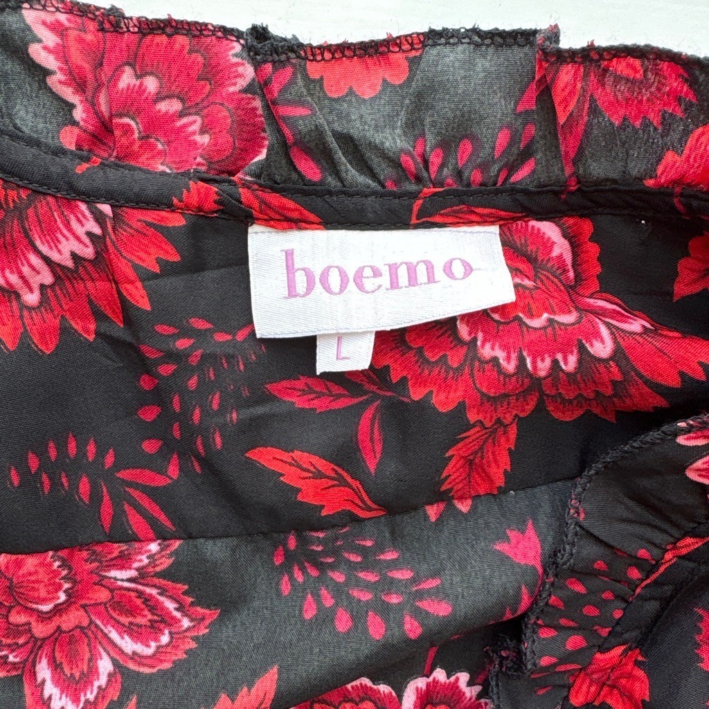 Boemo Floral Maxi Dress Womens L Red Black Long Sleeve Tiered Ruffle Boho