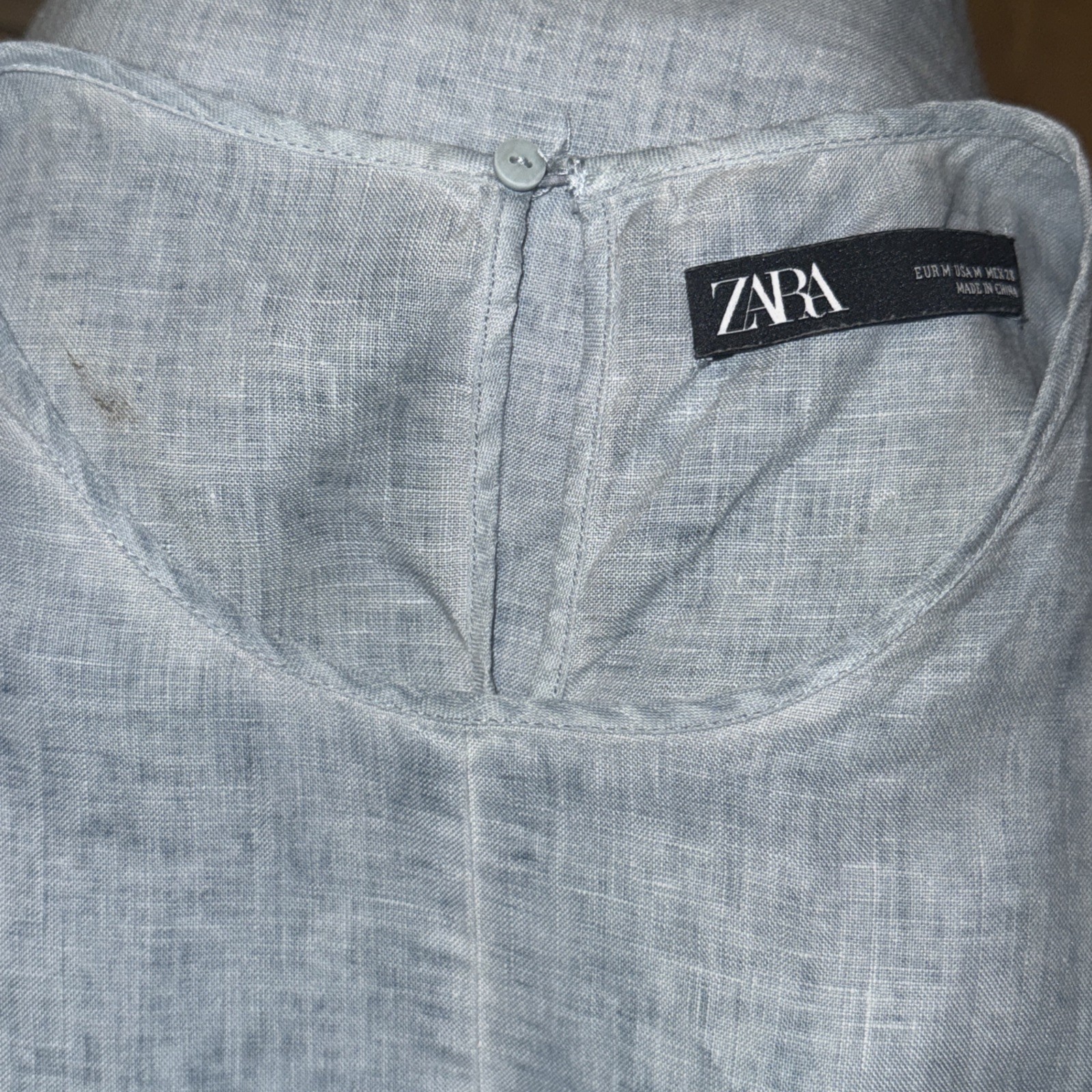 Zara Pale Blue Linen Sleeveless Shift Dress with a frayed/raw hem Womens SZ M