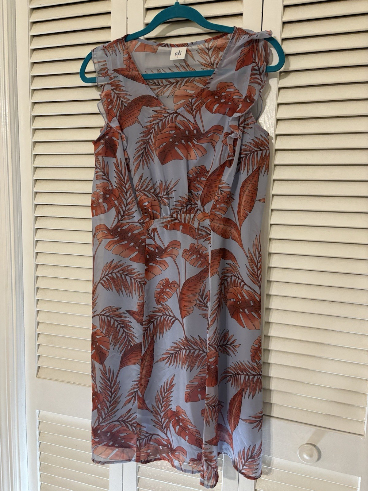 Cabi Light Blue Brown Leaf Print Ruffle Sleeveless Knee Length A-Line Dress S