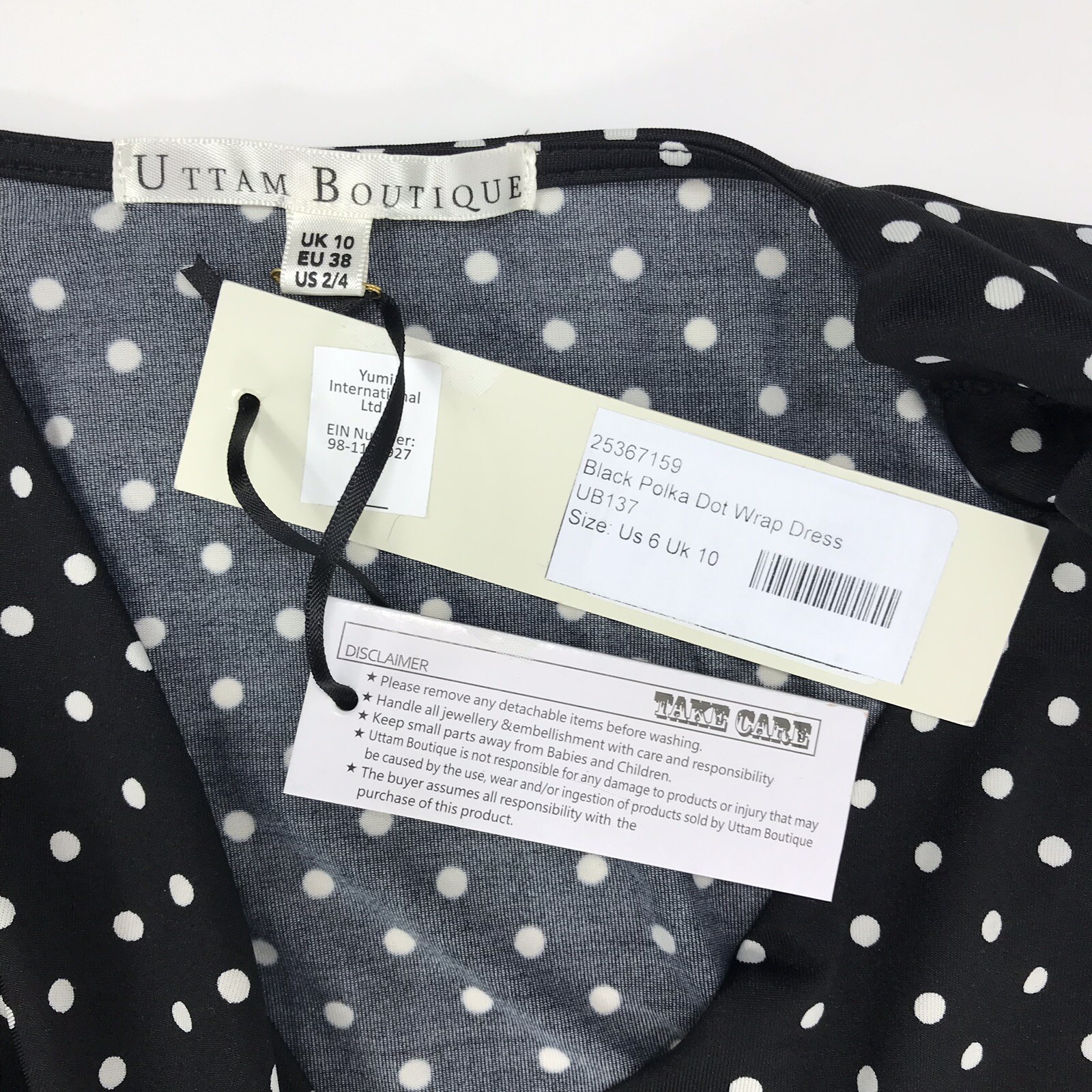 Uttam Boutique London Wrap Effect Sz 10 Dress Polka Dot Black White New