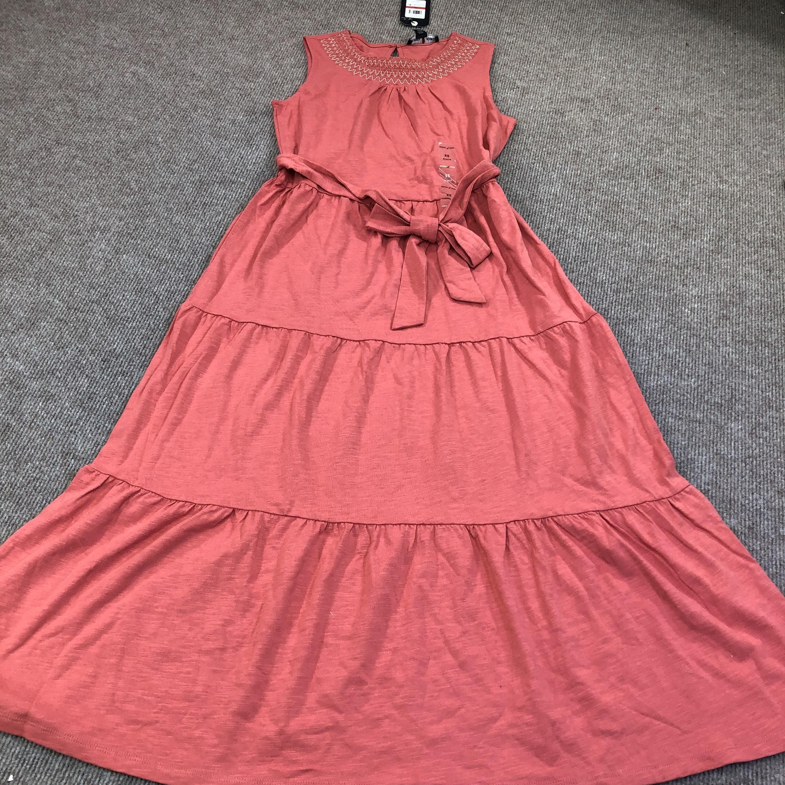 Nautica Jeans Dress Womens XS Pink Embroidered Belted Tiered Maxi Sundress
