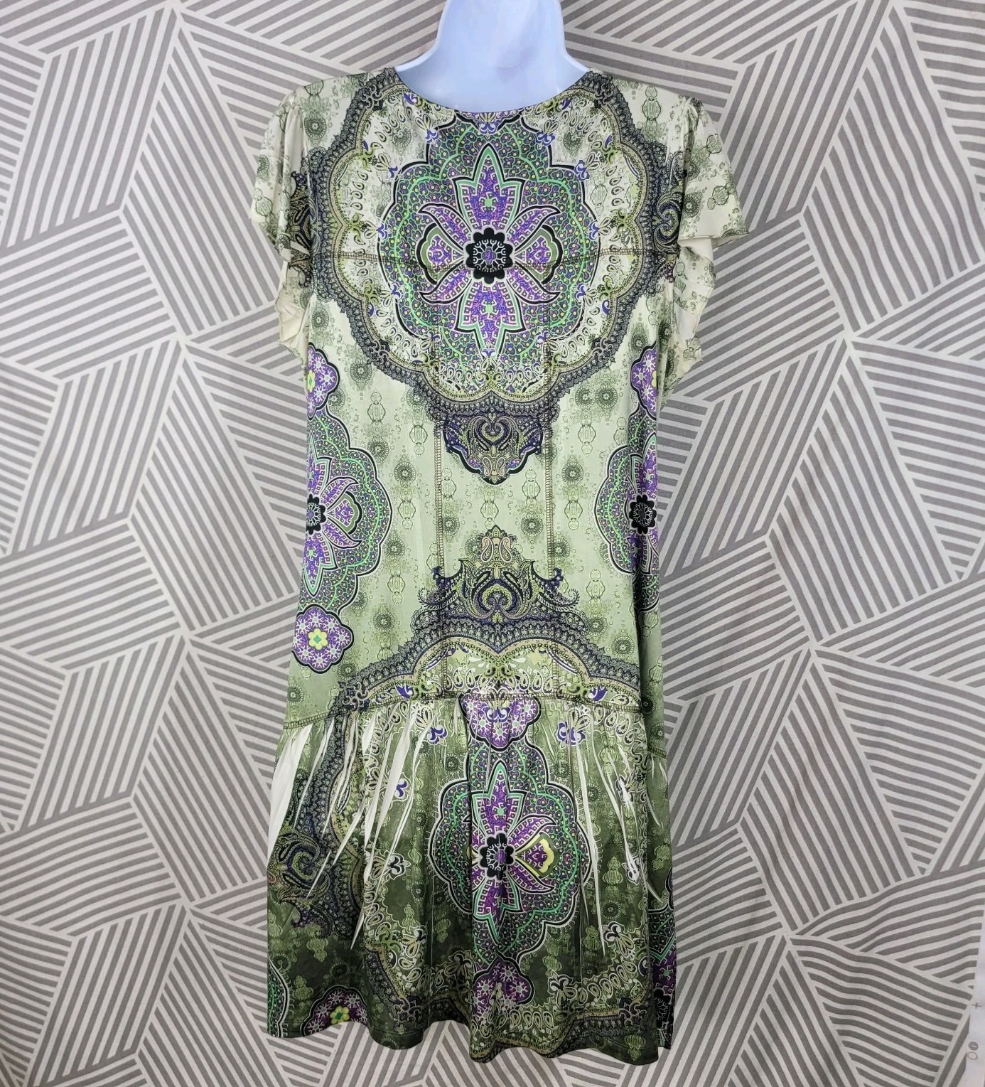 Vintage Y2K Dress Size Large Stretch Romantic Green Pleated Skirt Knee Length