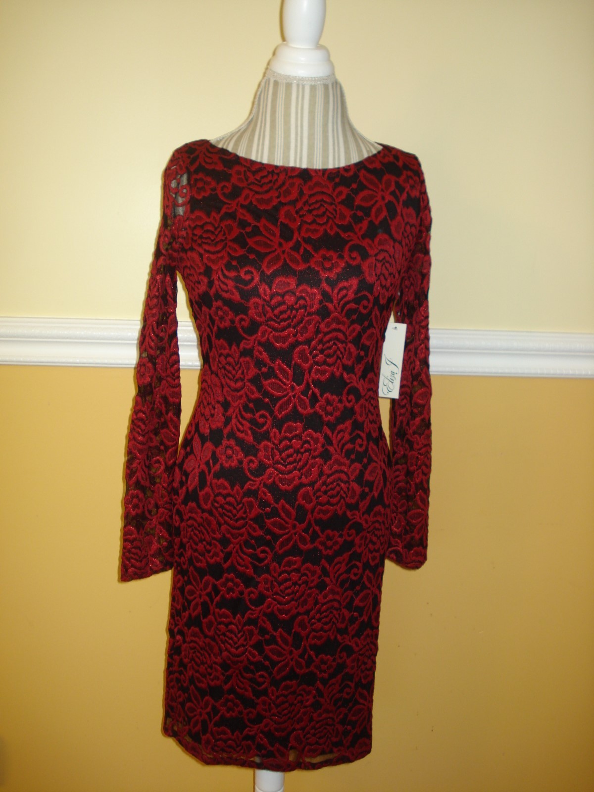 Eliza J Lace Long Sleeves Red/Black Cocktail Sheath Dress Sz 4,6,8,10,12,14,16