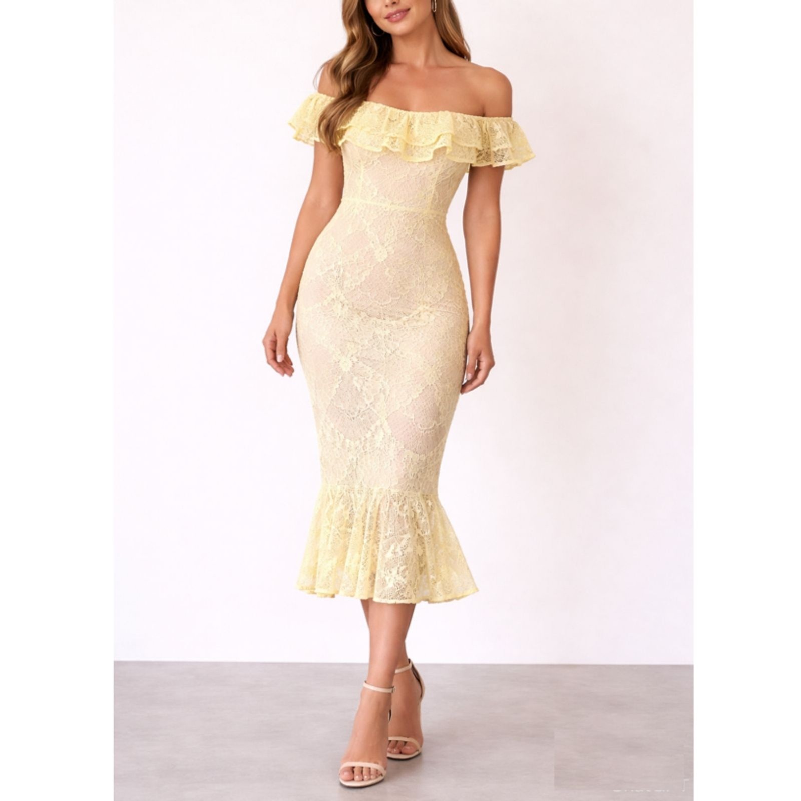 Jarlo London Toril Midi Dress Women’s Size 8 Yellow Nude Lace Formal Elegant