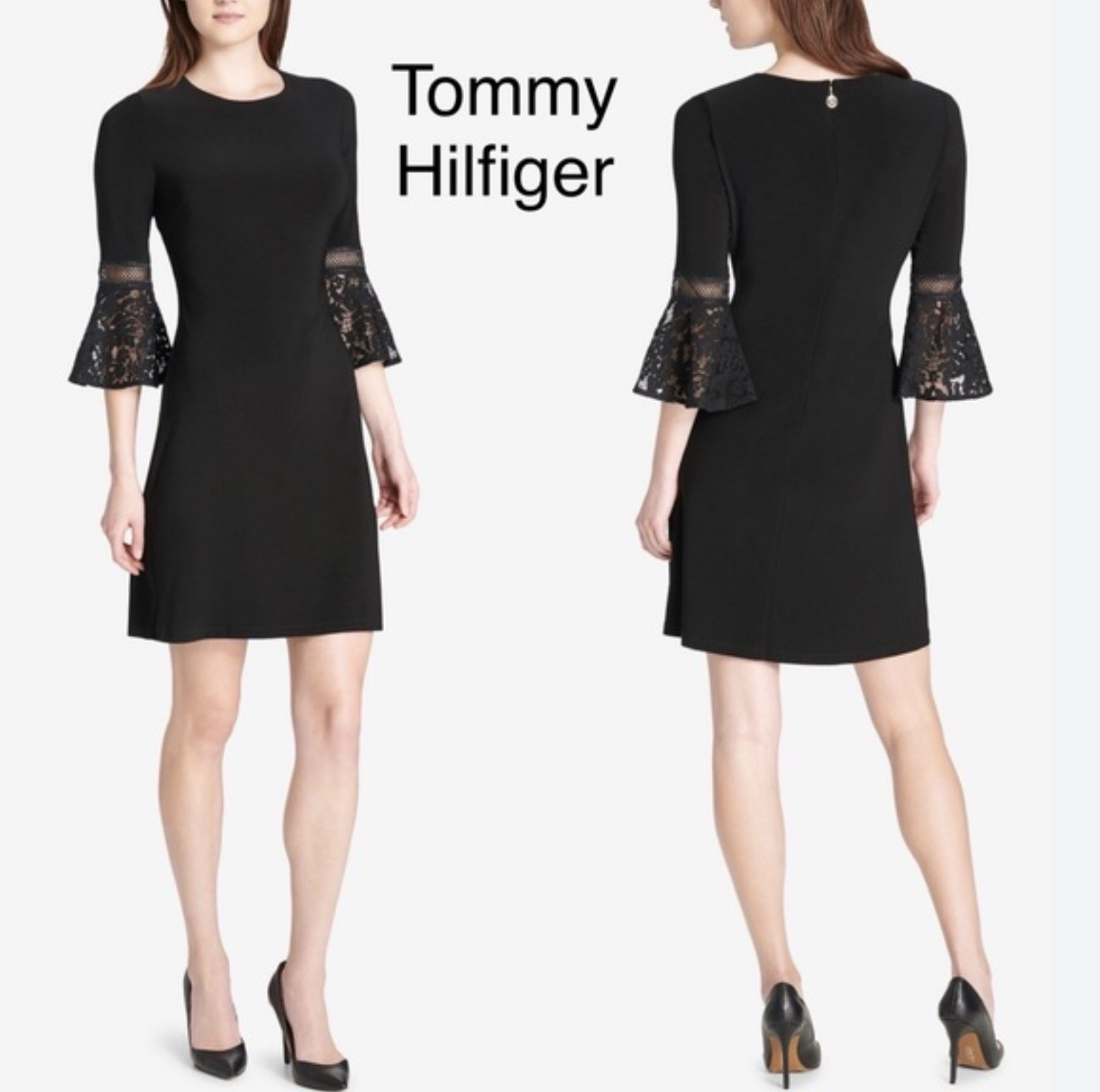 Tommy Hilfiger Black Sheath Event Dress Lace Hem Bell Sleeve Classic Size 2