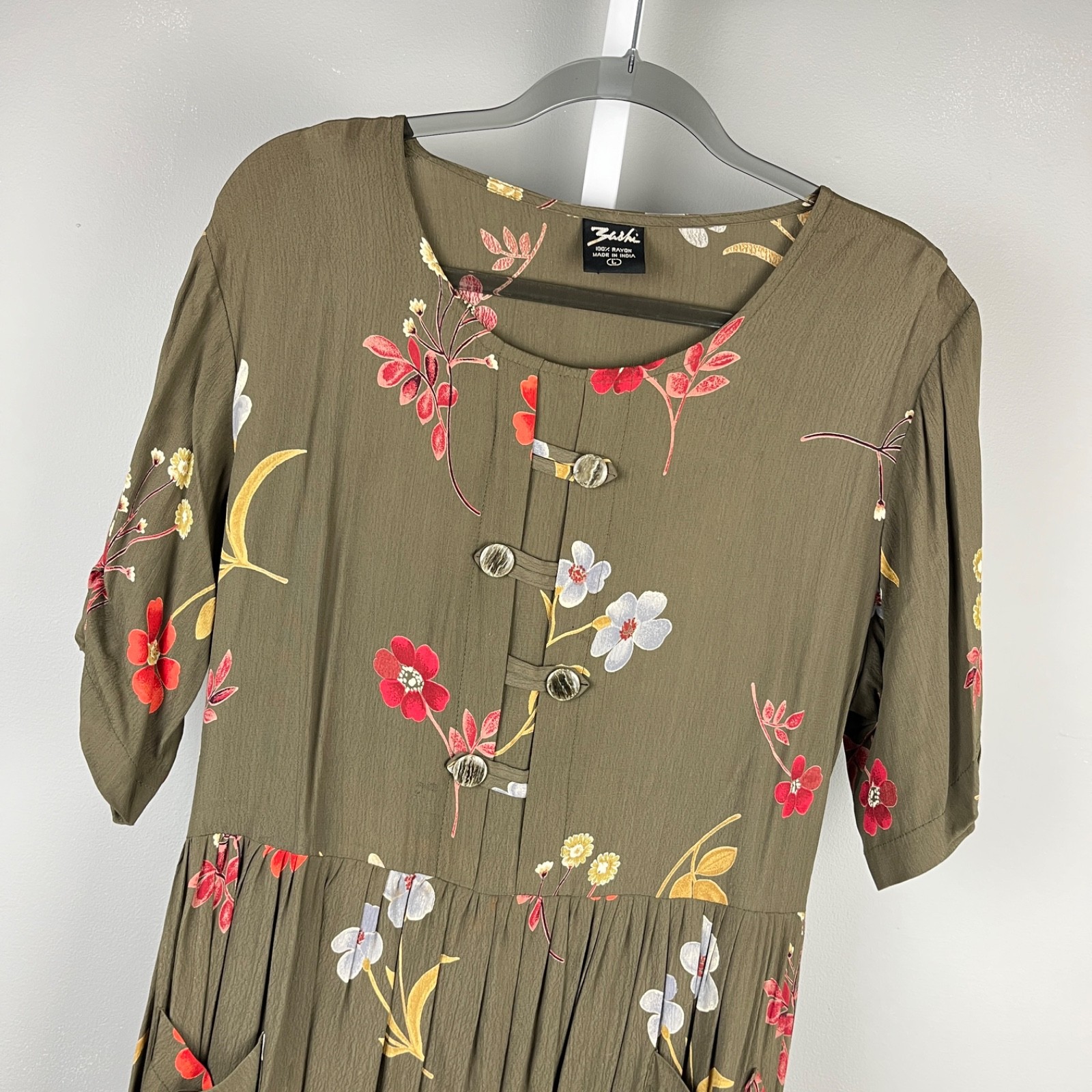 Vintage Zashi Boho Dress Womens L Brown Floral Retro Modest Rayon Cottagecore