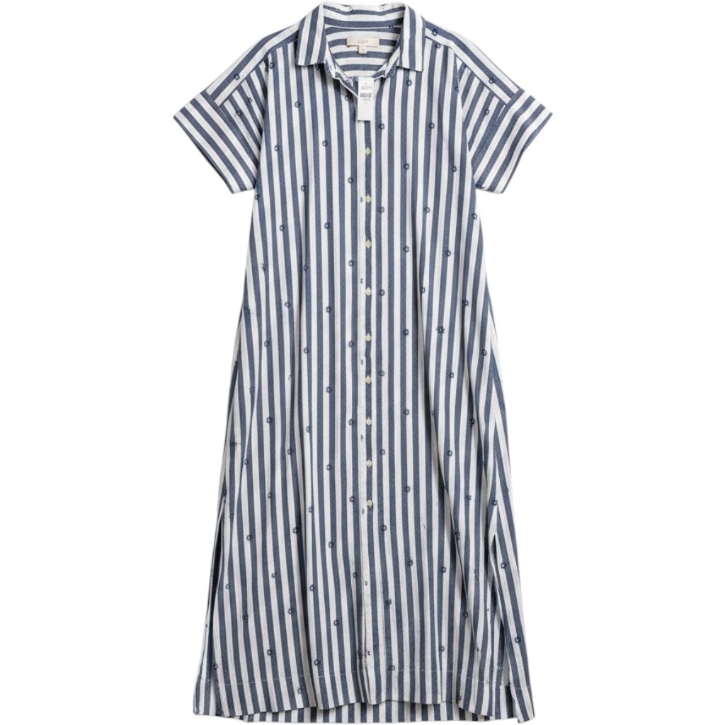 LOFT Shirt Dress Womens 12 Blue White Striped Floral Embroidered Maxi Oversize