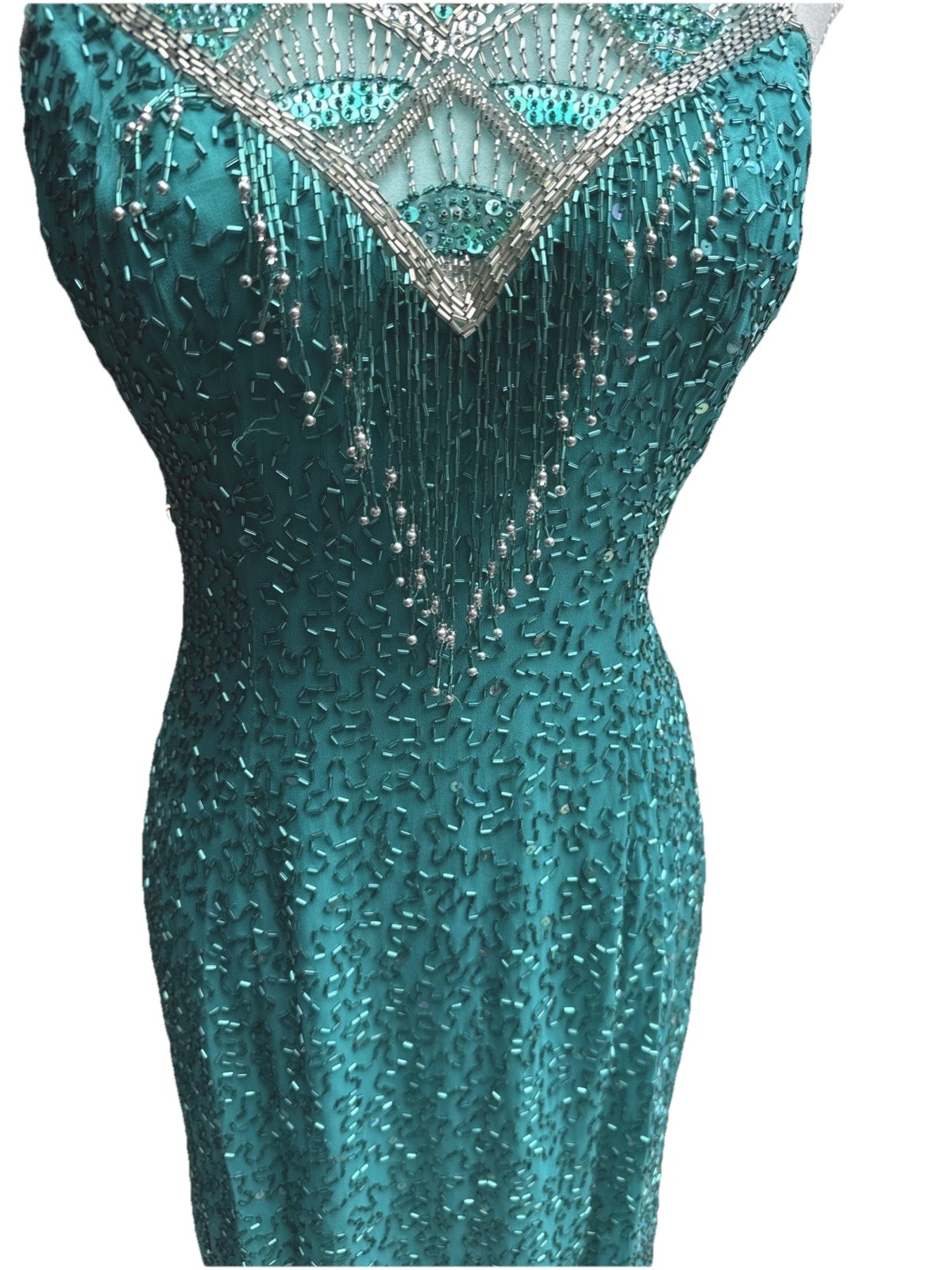 Cache Beaded Sequined Teal Formal Evening Dress Sz 8 Party 90s Y2K Flapper NYE