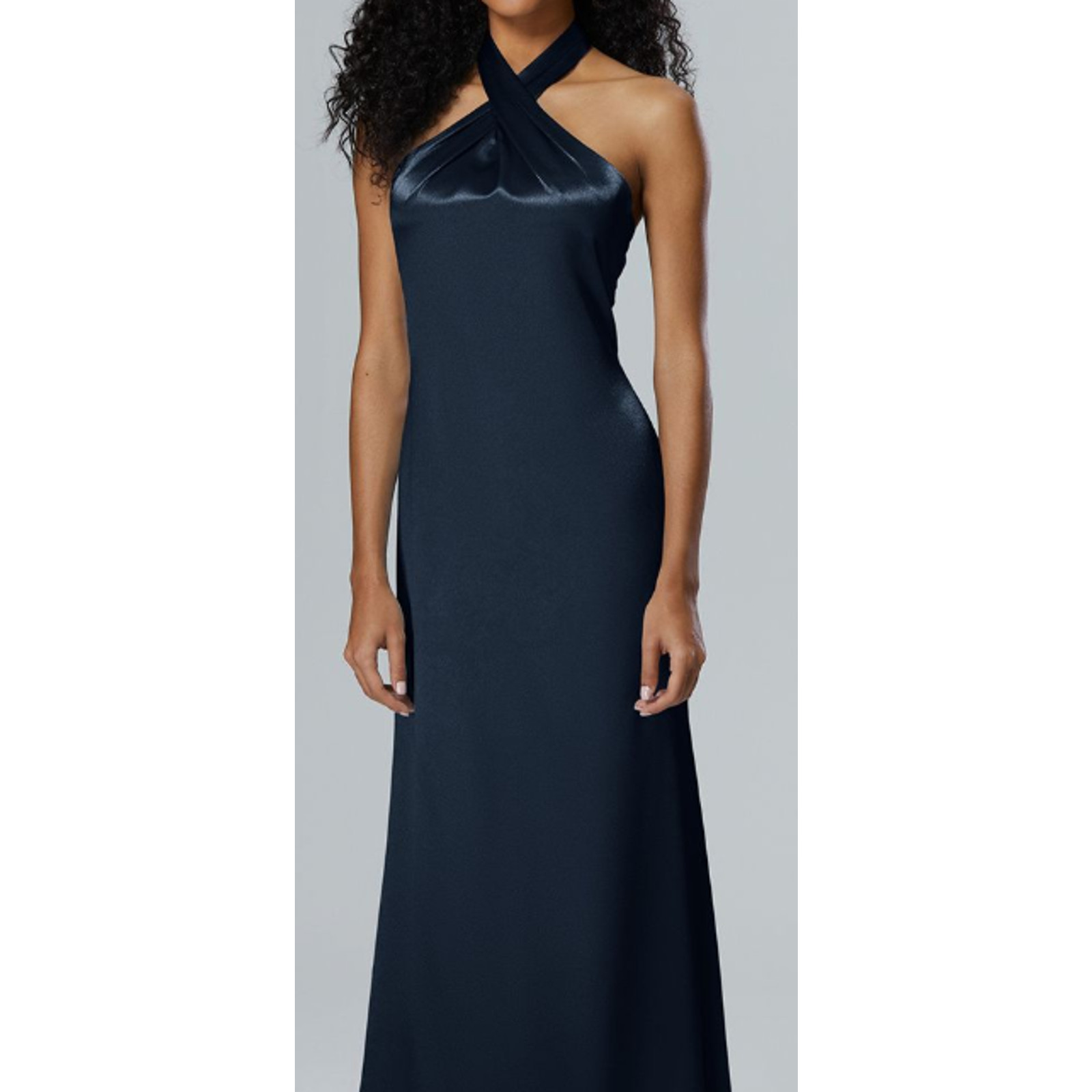AW BRIDAL 2 XS Dark Navy blue crystal satin Serena halter formal maxi dress B49