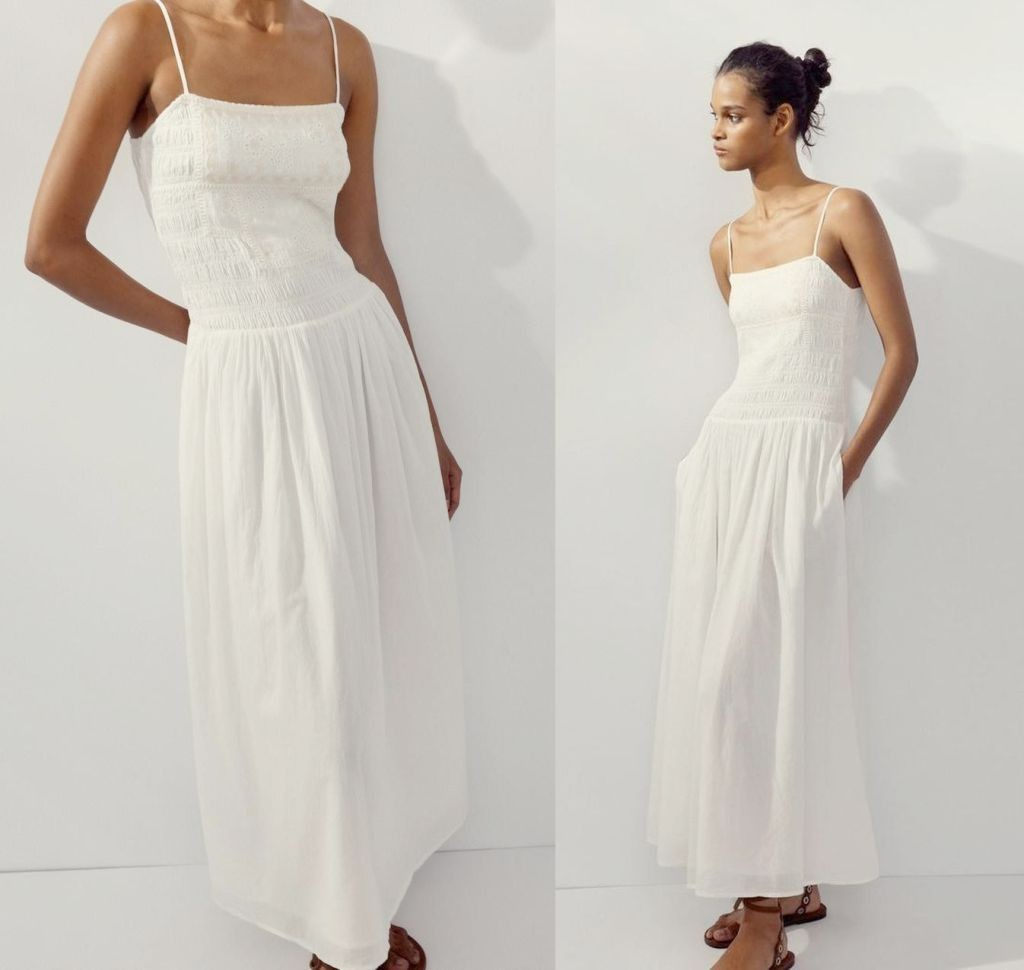 ZARA EMBROIDERED FLORAL OYSTER WHITE MIDI DRESS M