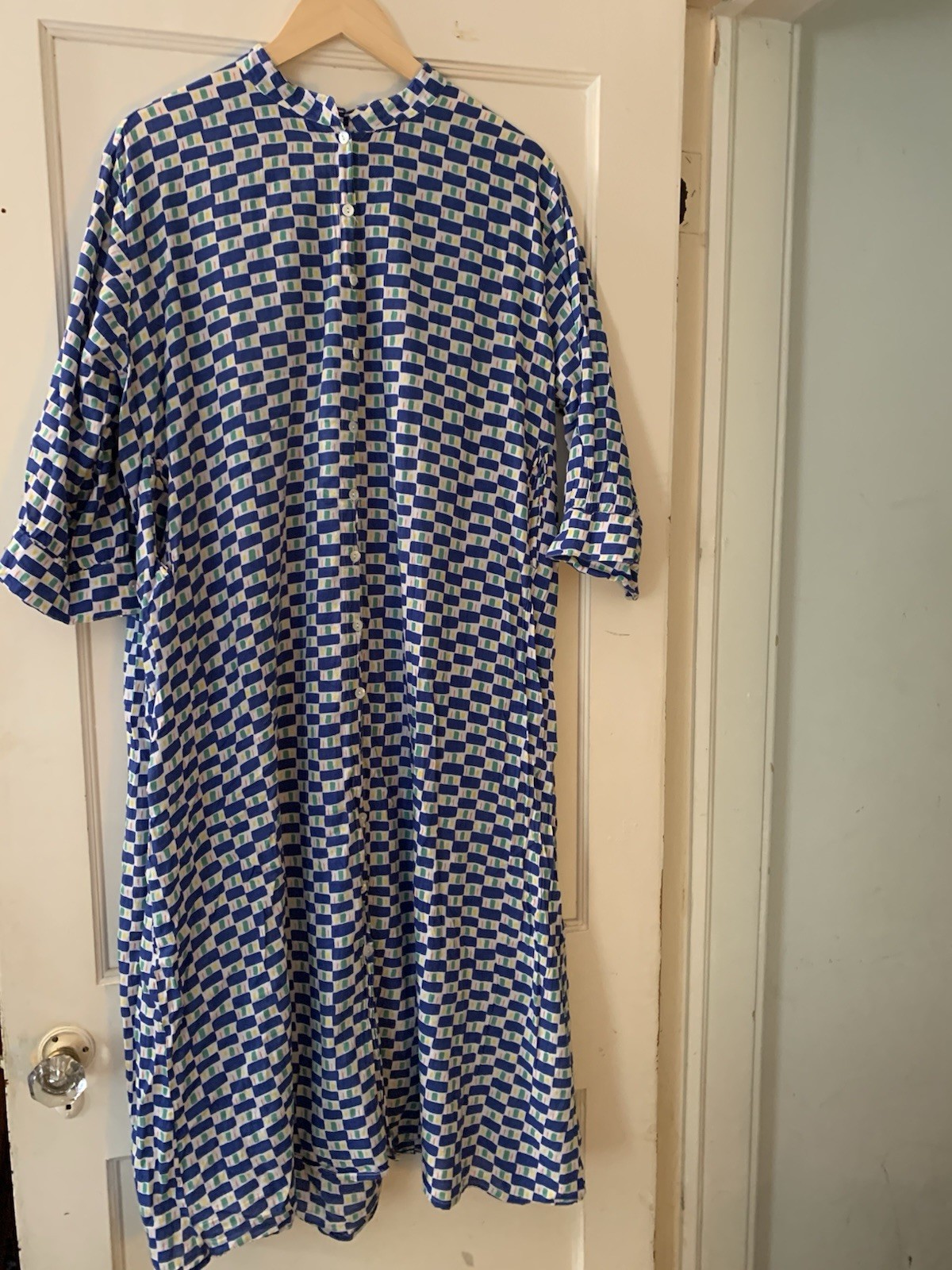 Humphries & Begg Women’s XL Shirt Dress Geometric Blue/White Collared 3/4 Btn