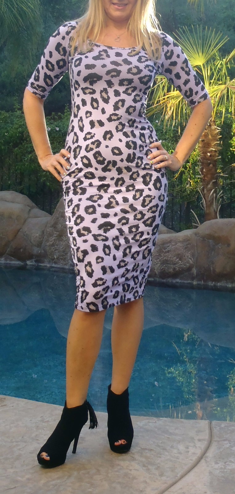 Maya Antonia-Stretchy Purple-Black Leopard Midi Dress Knee Length Elbow Sleeves