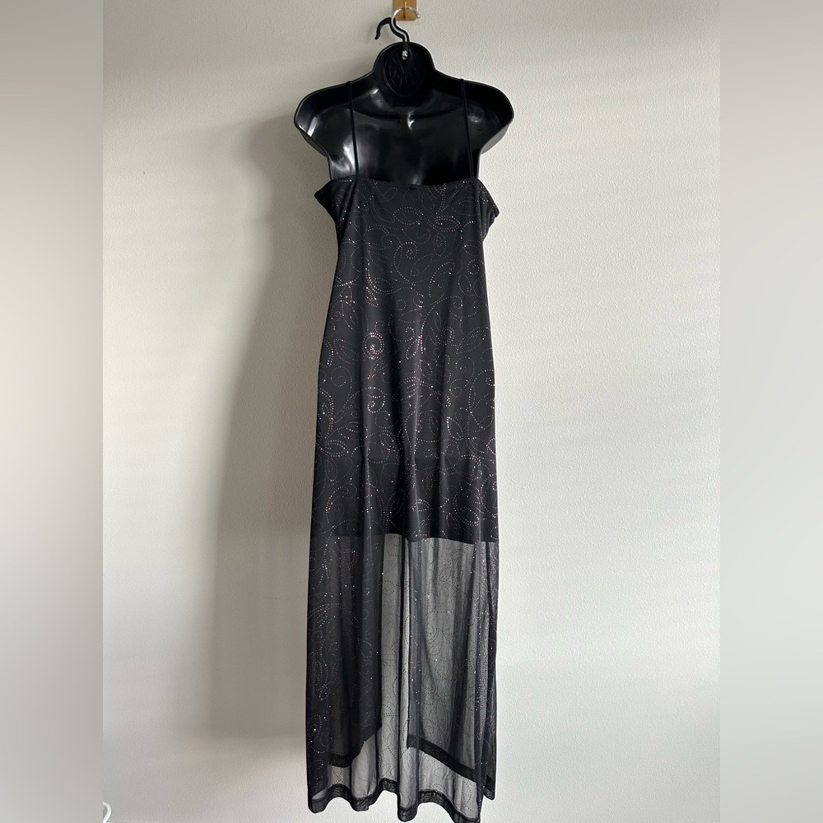 Vintage Y2K Sheer Black Glitter Maxi Dress | Mesh Overlay Slip Dress Sparkle L