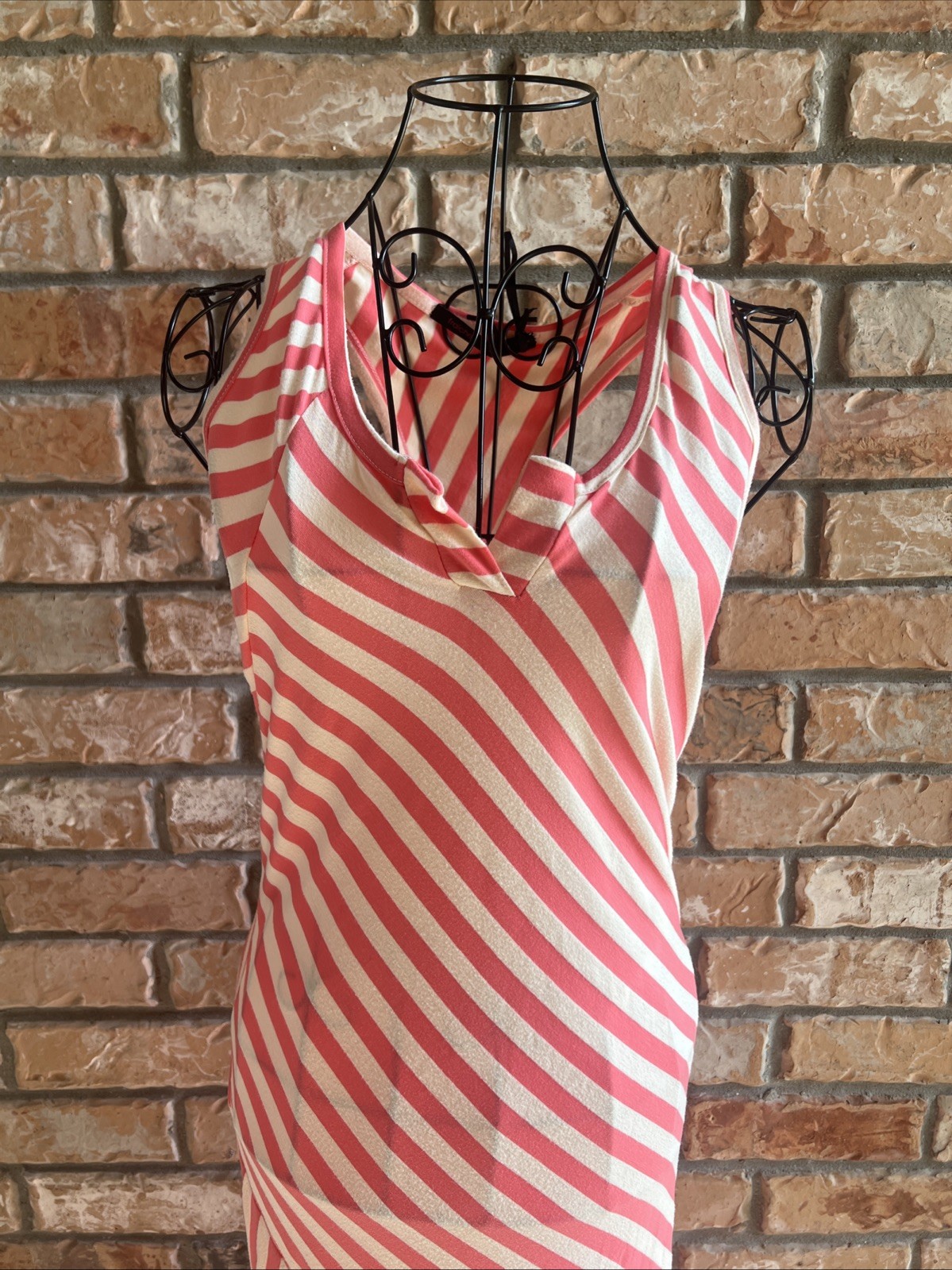 Fraiche By J Maxi dress Coral Ivory Stripe Racerback Asymmetrical Stretch