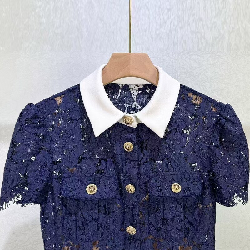 Self-Portrait Dark blue Lace Splicing Color contrast Flip collar Dresses