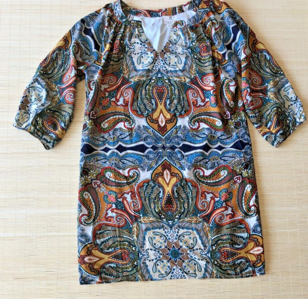 Pink Owl V Neck 3/4 Sleeve Dress Boho Brown Orange Teal Paisley Sz M Mini Lined