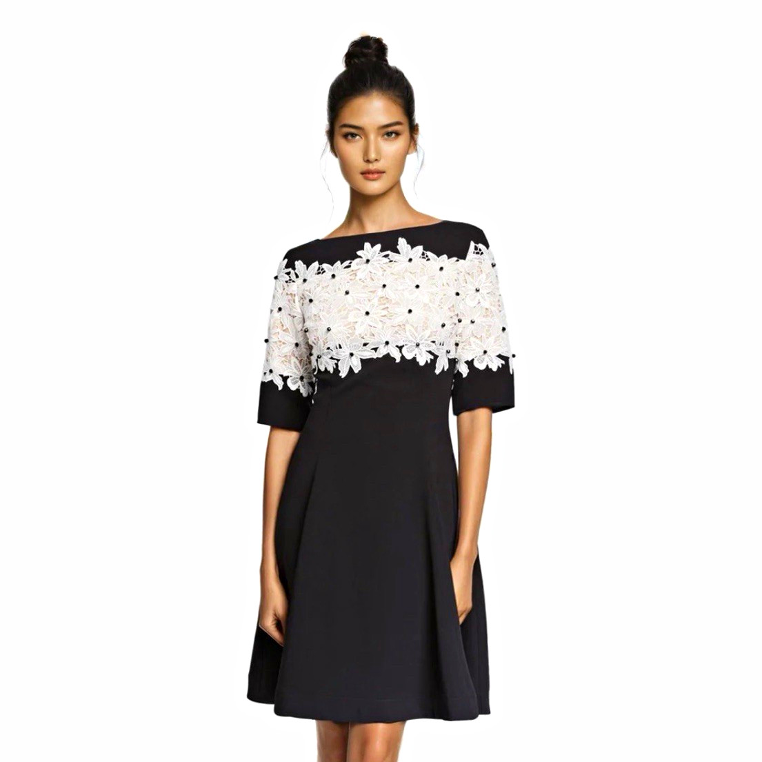 Shani Black/White Solid Lace Beaded A-Line Knee Dress 3/4 Sleeve 10 S-2140