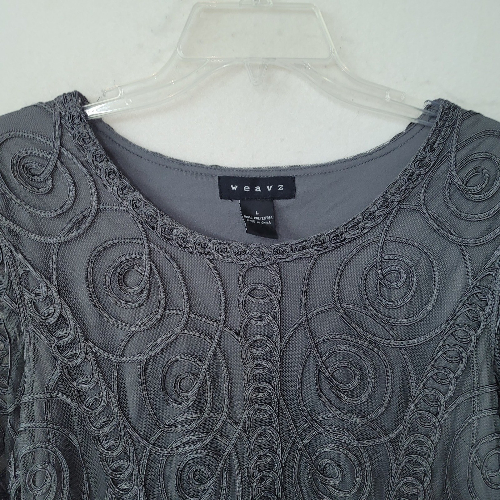 Weavz Designer Dress Gray Swirl Embroidered Mesh Overlay L Long Sleeve Sheath