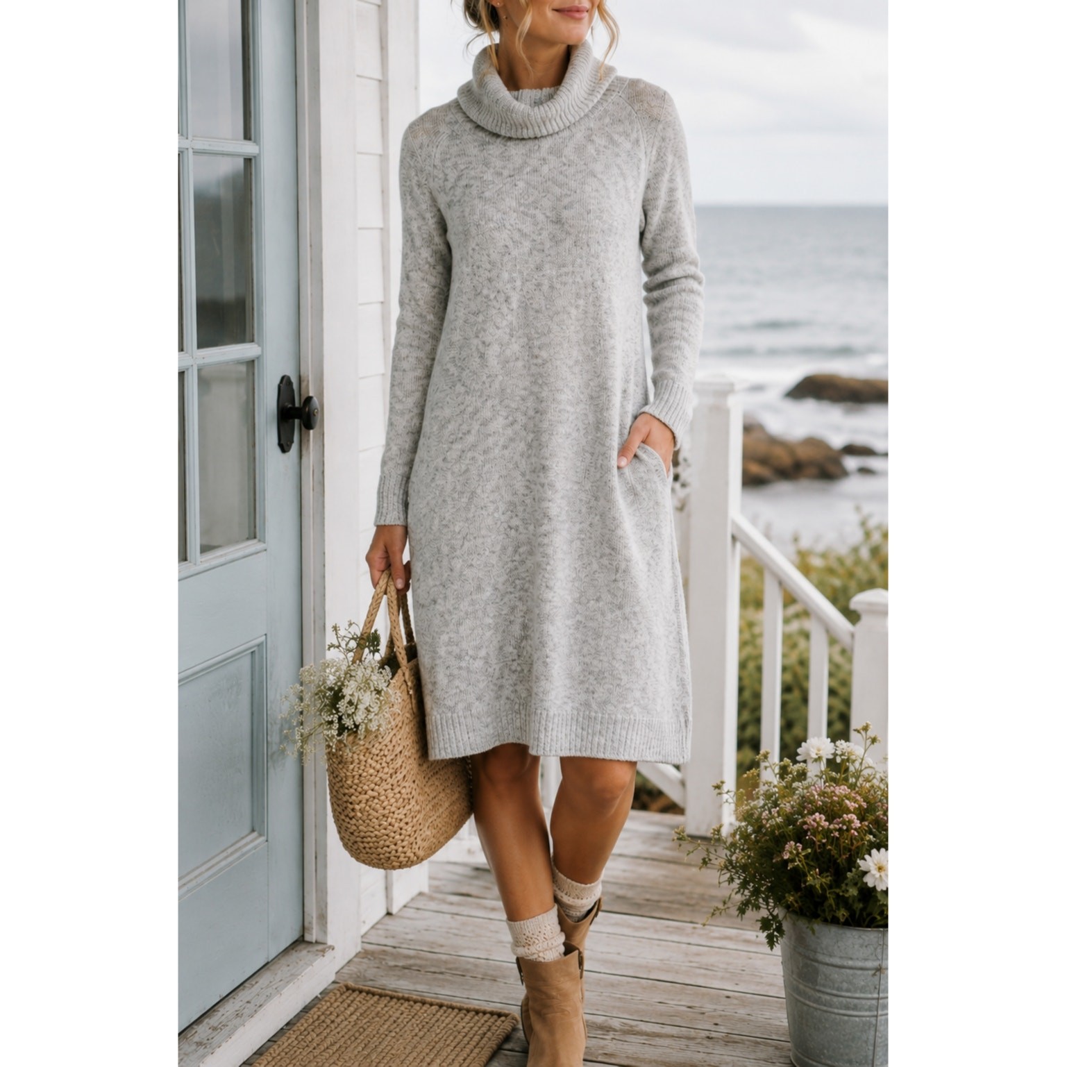 Pure Jill Oatmeal Sweater Dress Small Coastal Cottagecore Turtleneck Lagenlook