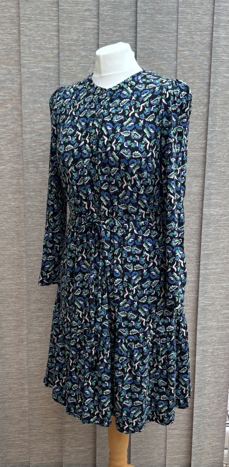 Boden Jersey Dress UK 12 P Blue Floral Tiered adjustable waist tie Long sleeve