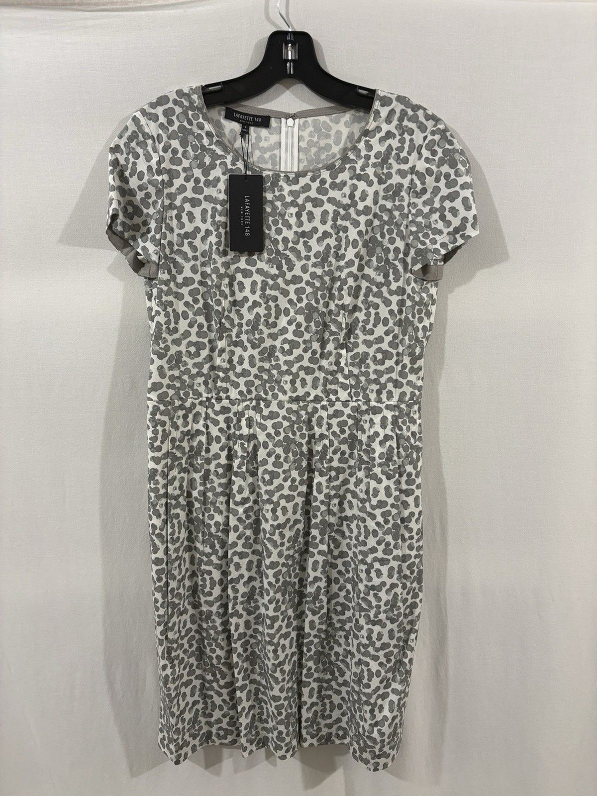 NWT Lafayette 148 New York Rain Multi Animal Print Dot White Gray Dress Size 6