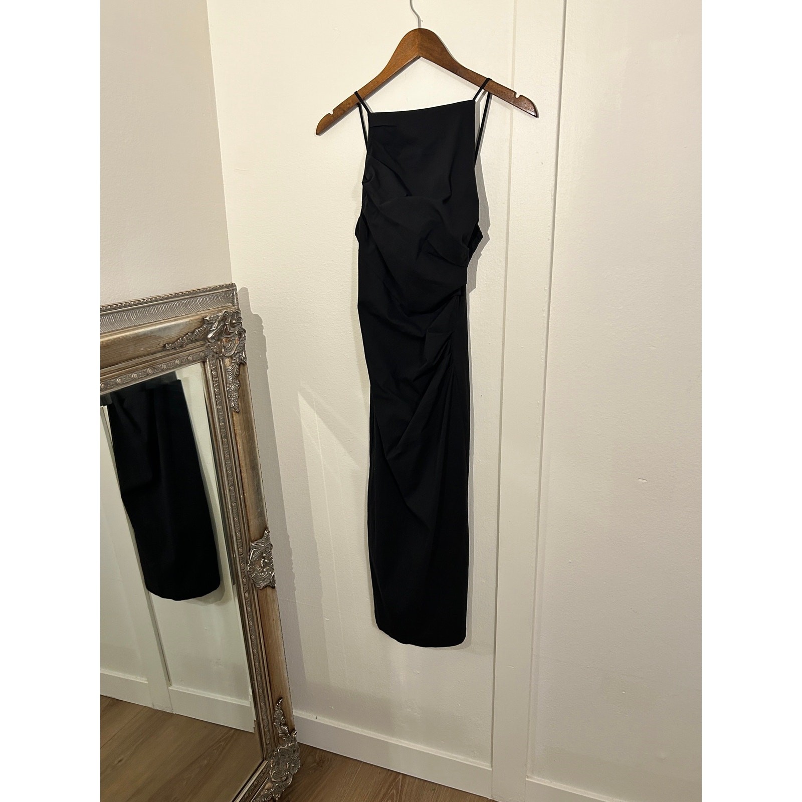 Zara Black Asymmetric Ruched Draped Spaghetti Strap Midi Bodycon Dress Size XS