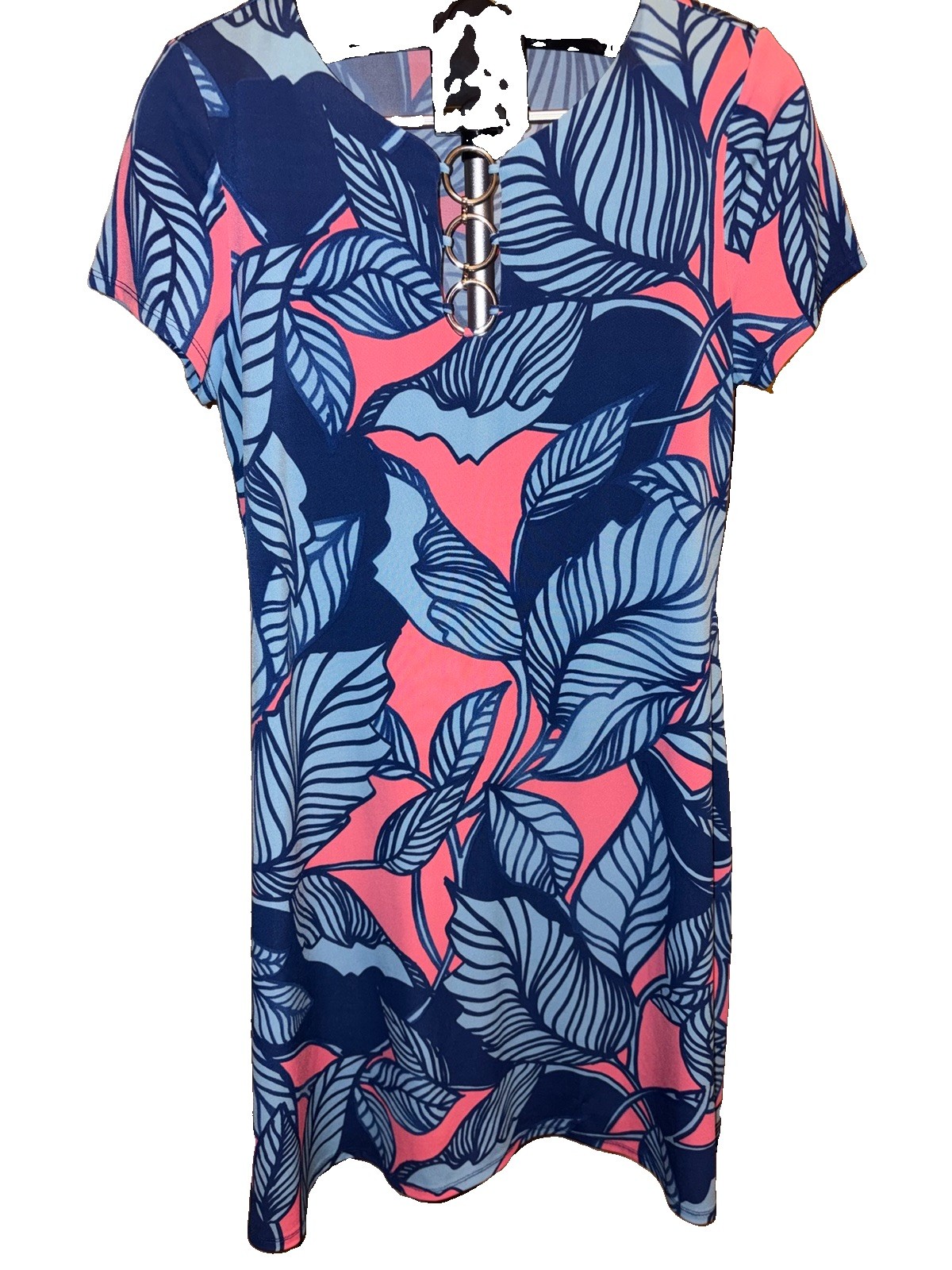 Ivy Lane Blue/Pink Floral Jersey Sheath Dress M V-Neck Cap Sleeve Ring 36”Long