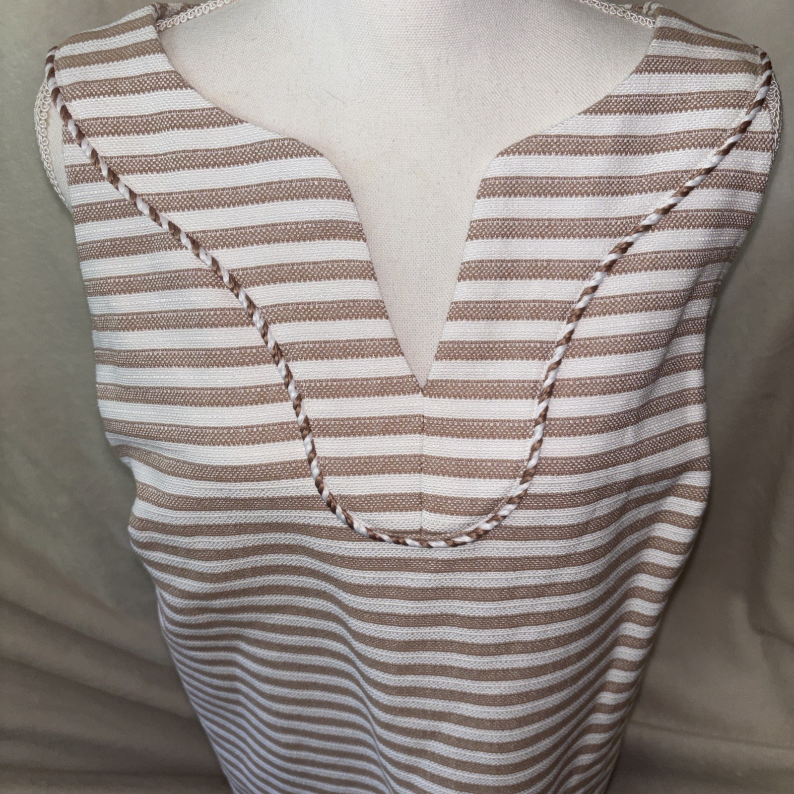 NWT TALBOTS Woman’s Sunlight Tan & White Lined Midi Shift Dress V-Neck Size 16WP