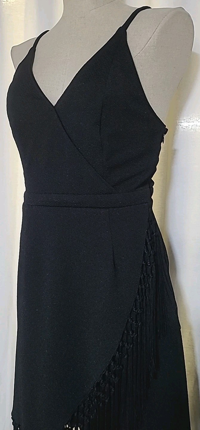 Black Fringe Wrap Cocktail Dress Stretchy M Party Boho Goth Y2K 70s Retro Disco
