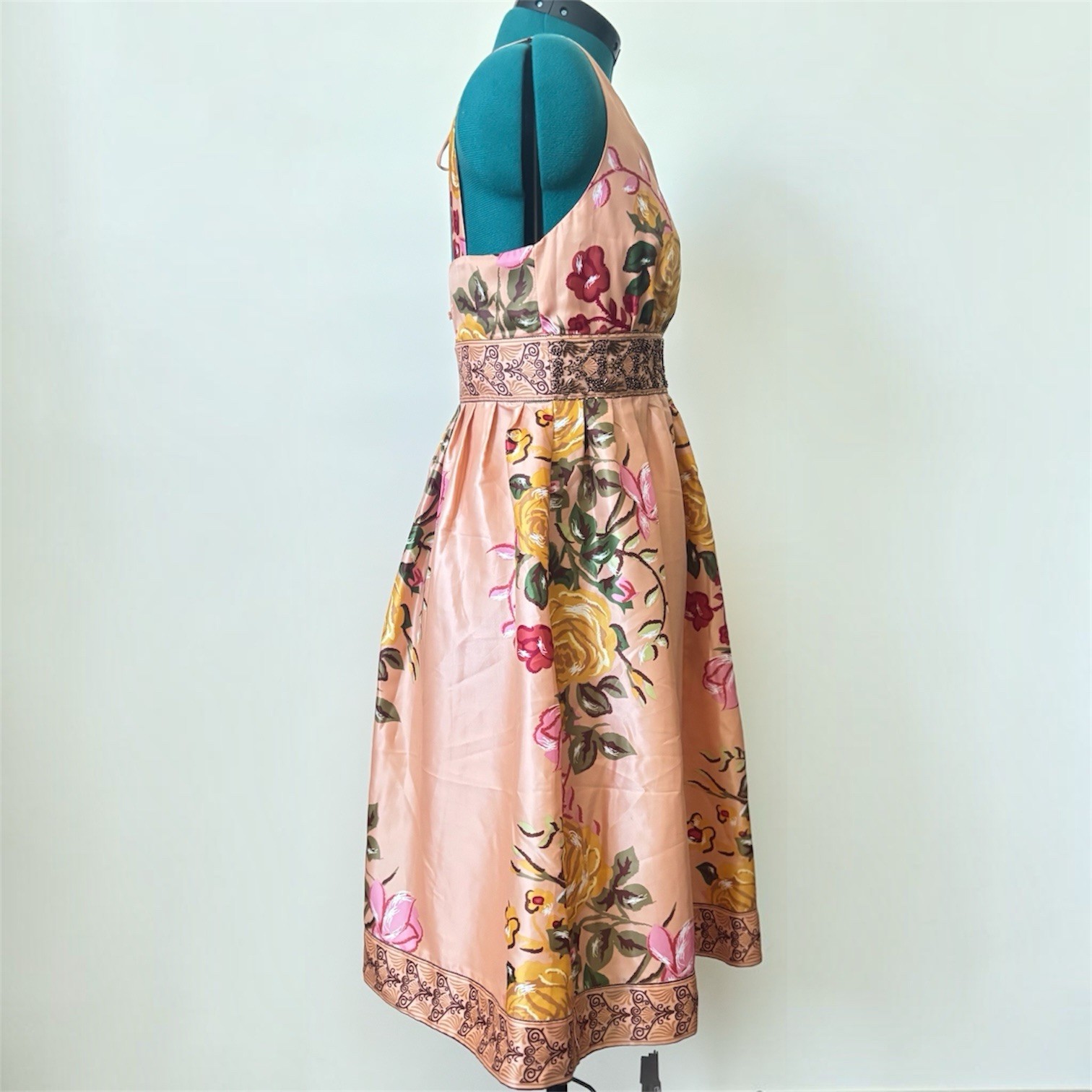 Forever Twenty One Peach Floral Satin Fit & Flare V-Neck Beaded Dress L