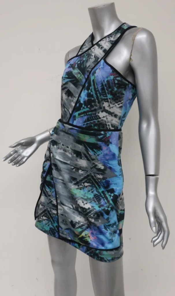 New Parker Blue Multi Tobias Scuba Neoprene Halter Stretch Bodycon Mini Dress M