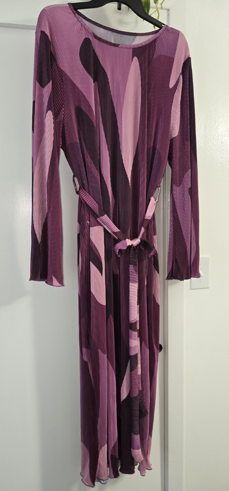 Women’s Mauve Abstract Pleated Midi Dress Bell Sleeve Belted 2XL