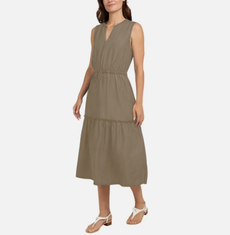 NWT Lands’ End Women’s Small Rayon Midi Dress Tiered Elastic Waist Tan V-Neck