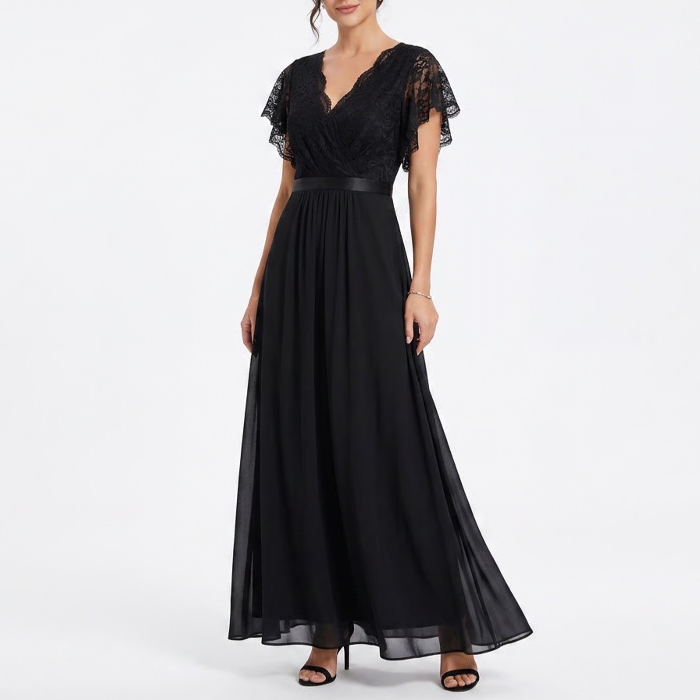 Miusol Black Lace V-Neck Flutter Sleeve Formal Maxi Gown Dress XXL