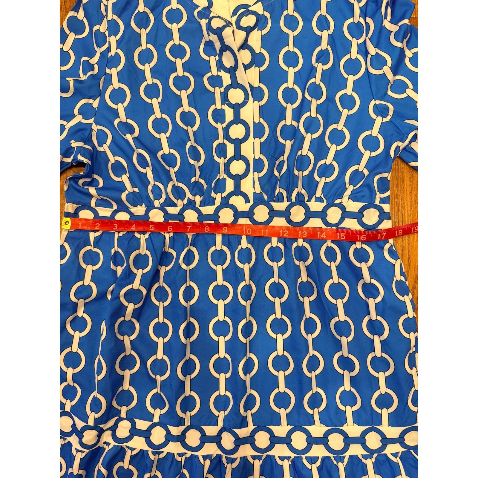 Blue White Chain Link Print Tiered Maxi Dress XL Collared Short Sleeve Geometric