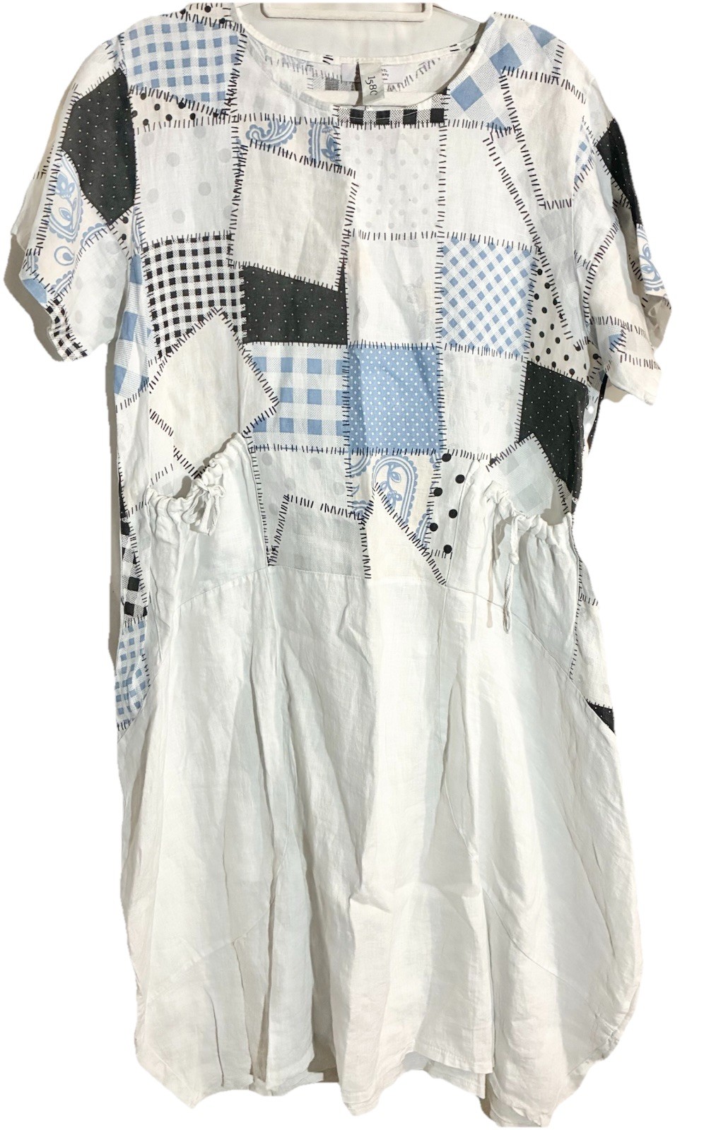 158C Italian Linen Lagenlook Midi Dress L Tie Pockets Asymmetric Hem Patchwork