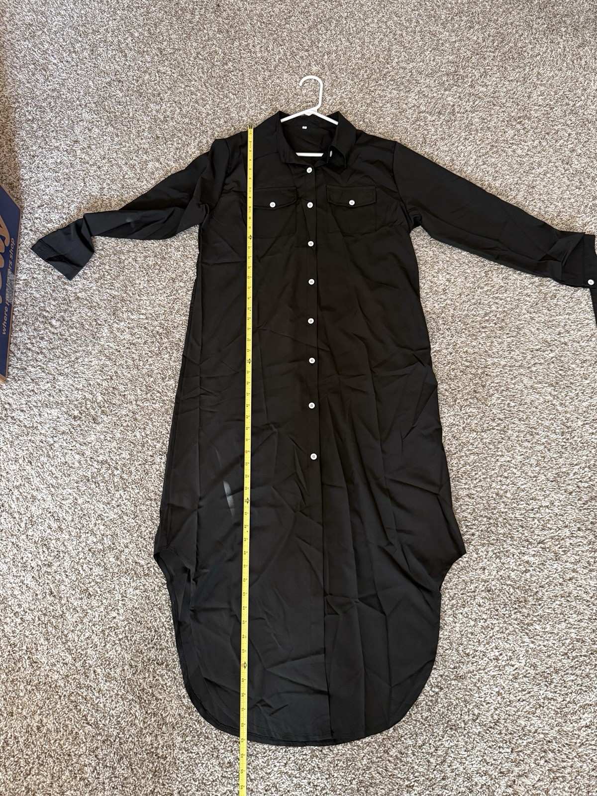 Black Solid Shirt Dress Button-Front Pockets Collared Long Sleeve Long L
