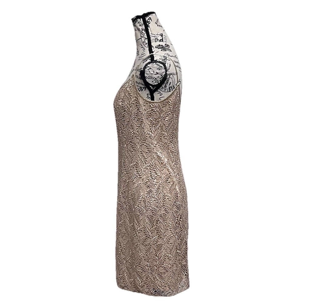 Oleg Cassini Champagne Crochet Mini Dress 8P Metallic Formal Cocktail Party