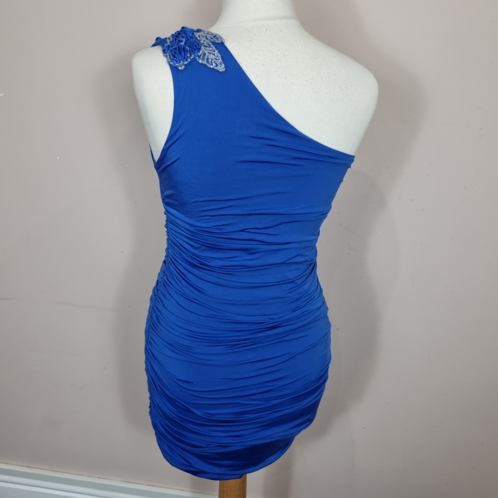Vintage Jane Norman One Shoulder Blue Mini Ruched Dress Size 10 To 12